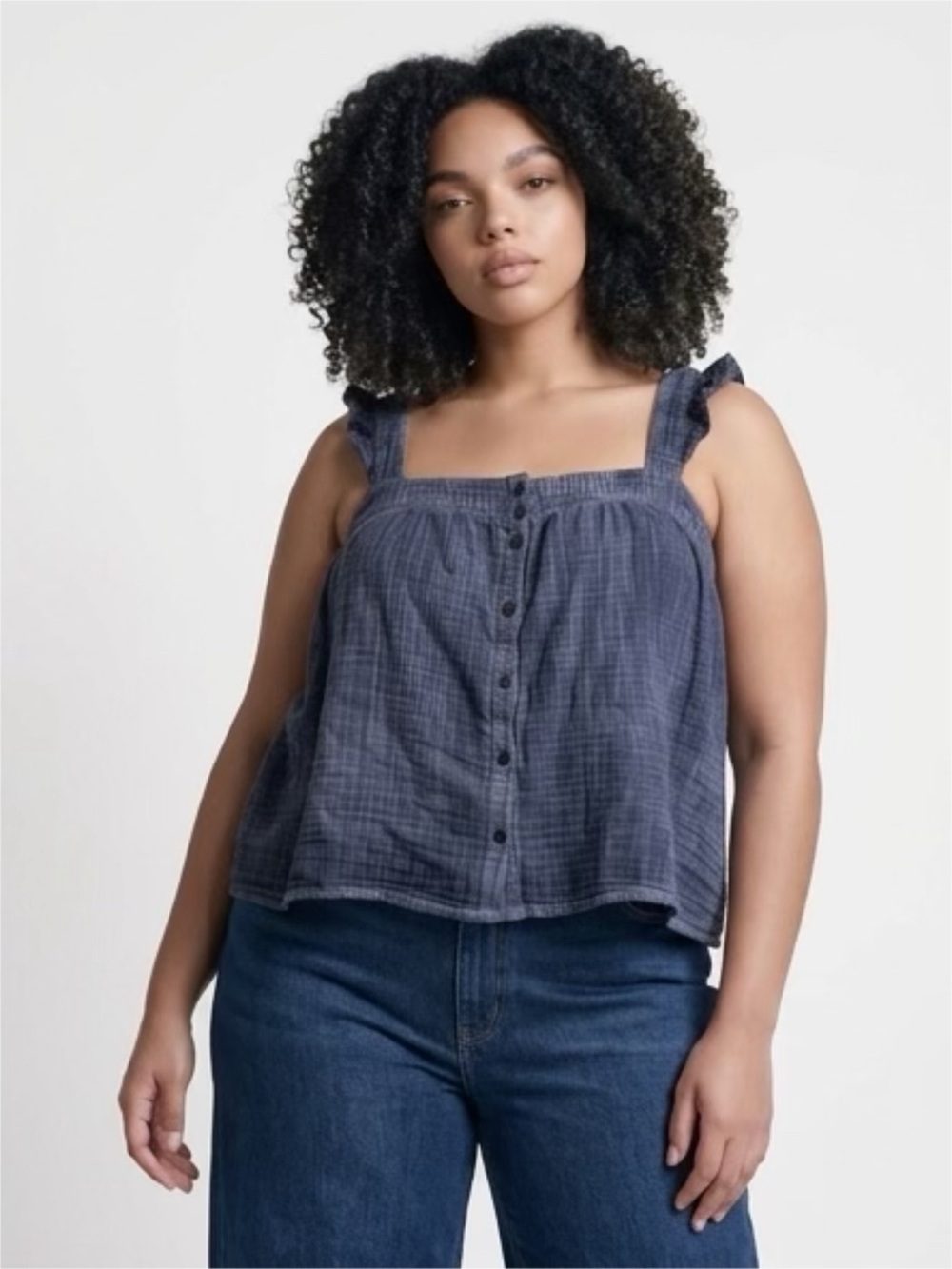 True Craft Button-Front Square Neck Tank Top - Navy